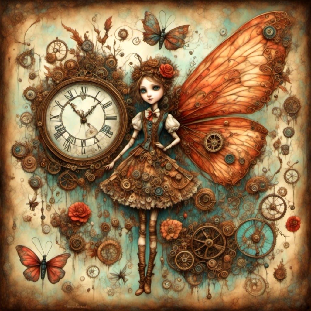 Steampunk Rosy Maple Moth with Mechanical Details