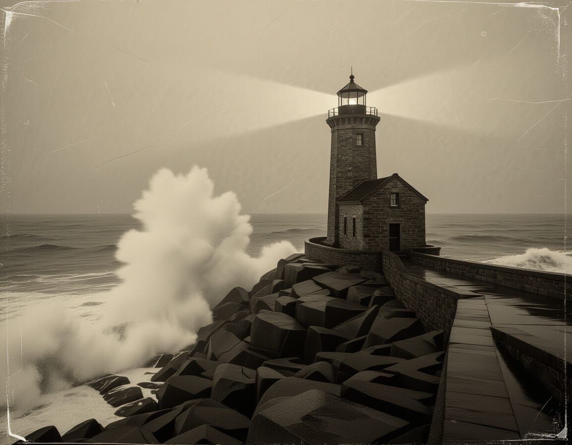 Vintage Lighthouse During Storm Sepia Photograph