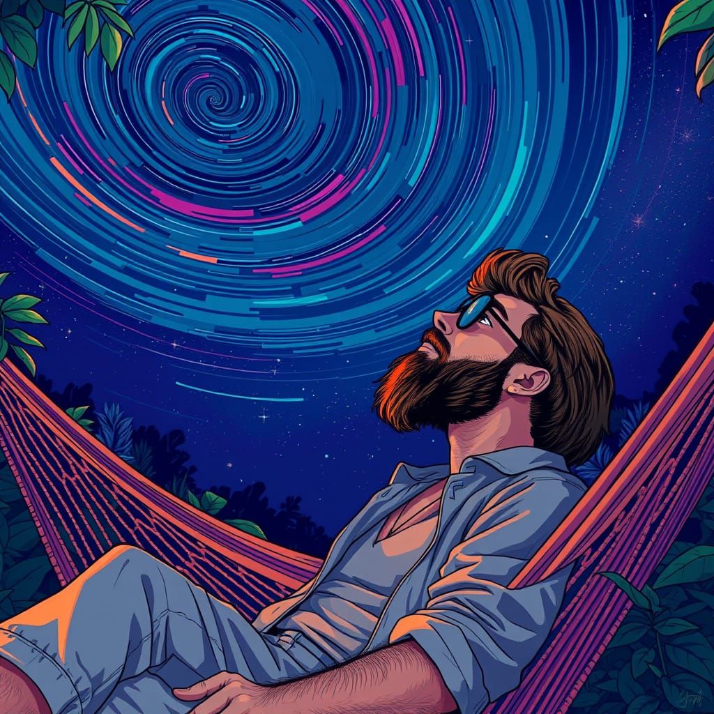 Man in Hammock Under Starry Night Sky