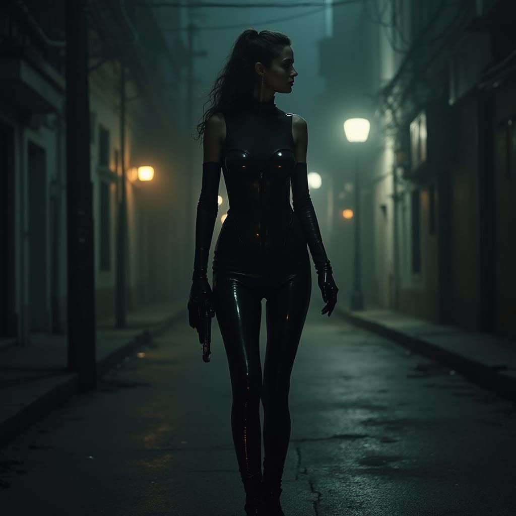 Confident Woman in Futuristic Noir Cityscape
