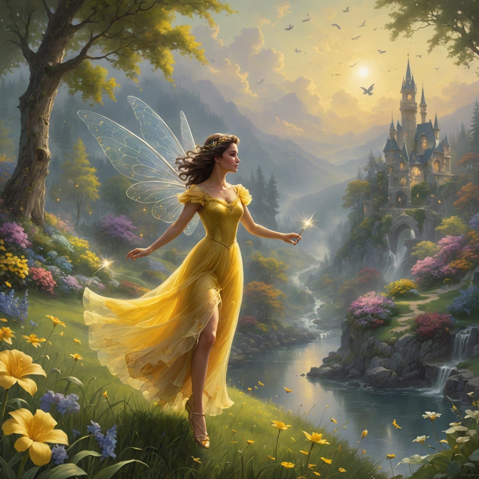 Hispanic Fairy in Flight, Ethereal Kinkade Style