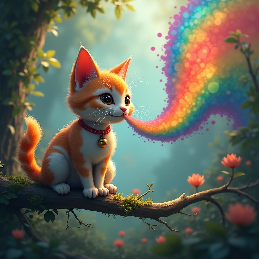 Rainbow Cat in Dreamy Forest: Fantasy Concept Art
