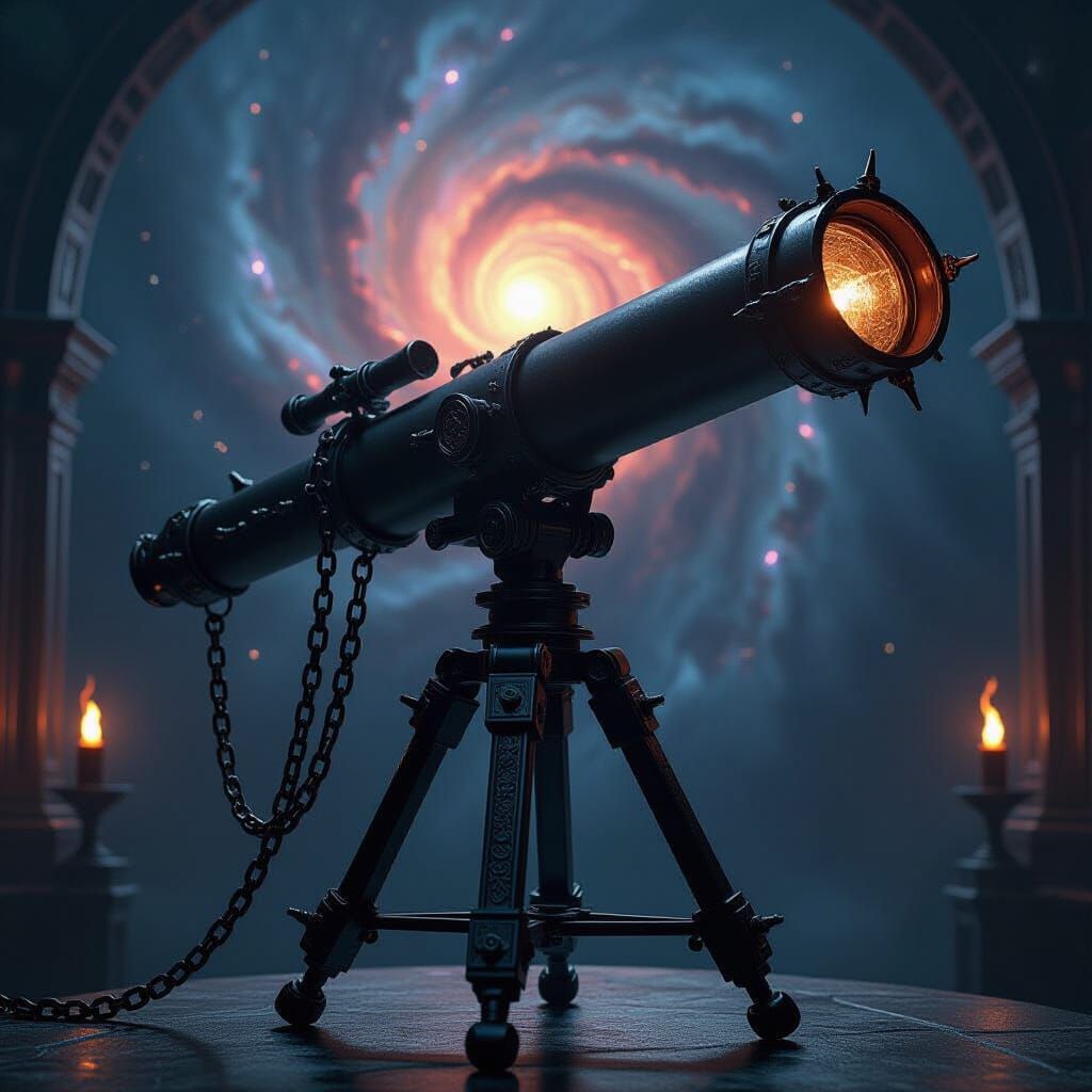 Gothic Metal Telescope Gazing at a Swirling Galaxy