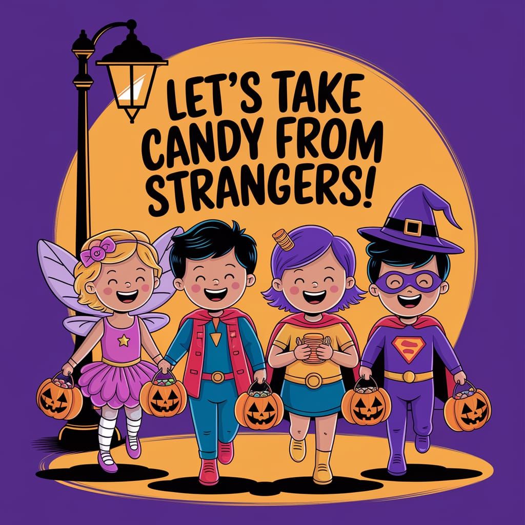 Joyful Trick-or-Treaters Celebrate Halloween in Colorful Sty...