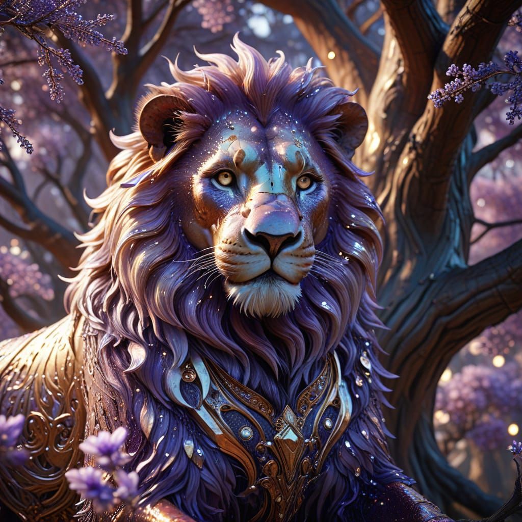 Ethereal 3D Art: Majestic Lion Amidst Celestial Tree