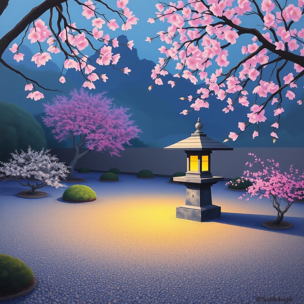 Serene Japanese Tea Garden in Color Field Style