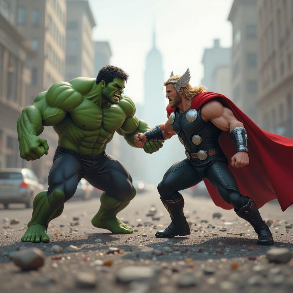 Realistic 3D Hulk and Thor Battle Scene
