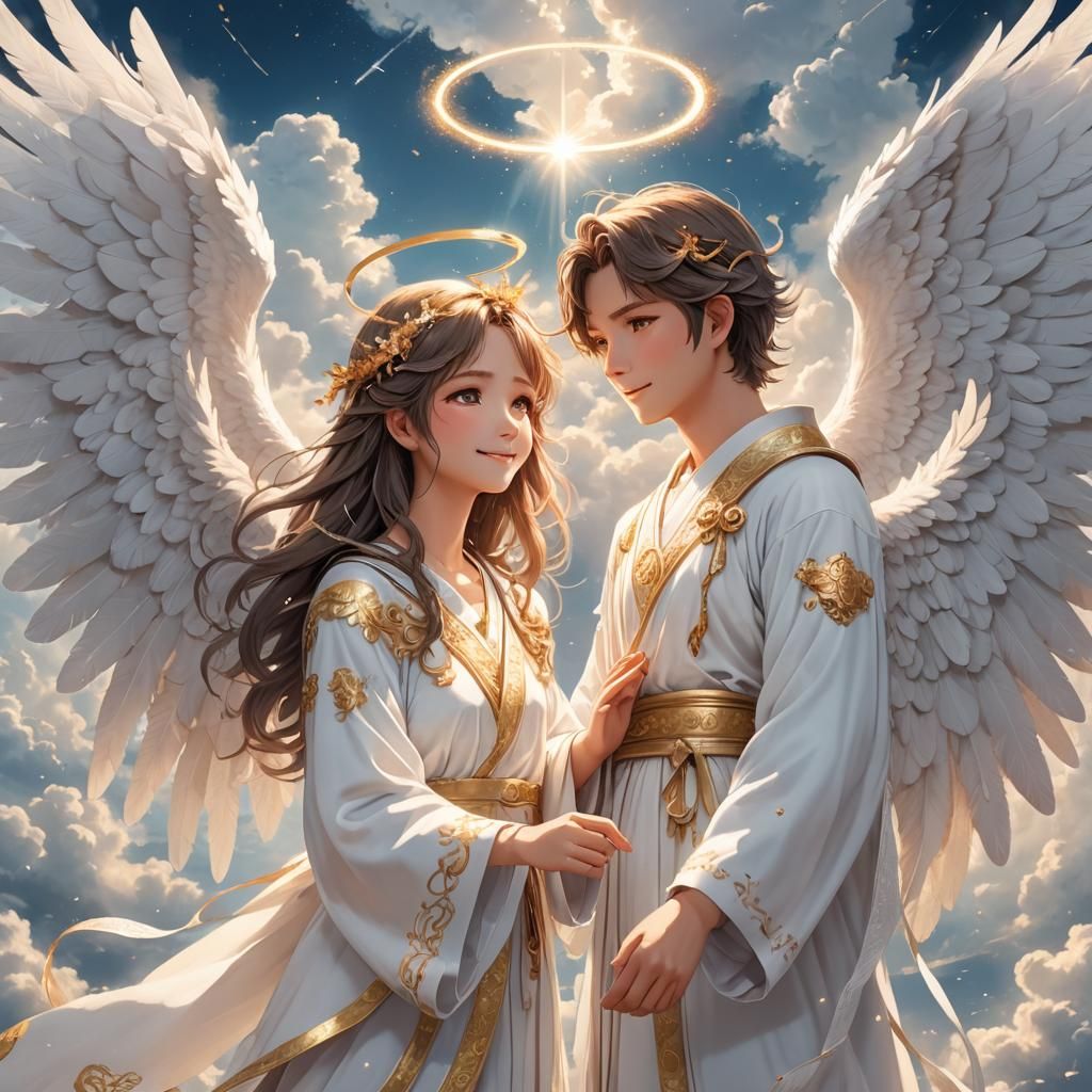 Anime Angels in Dreamy Cloudscape: Soft Digital Painting