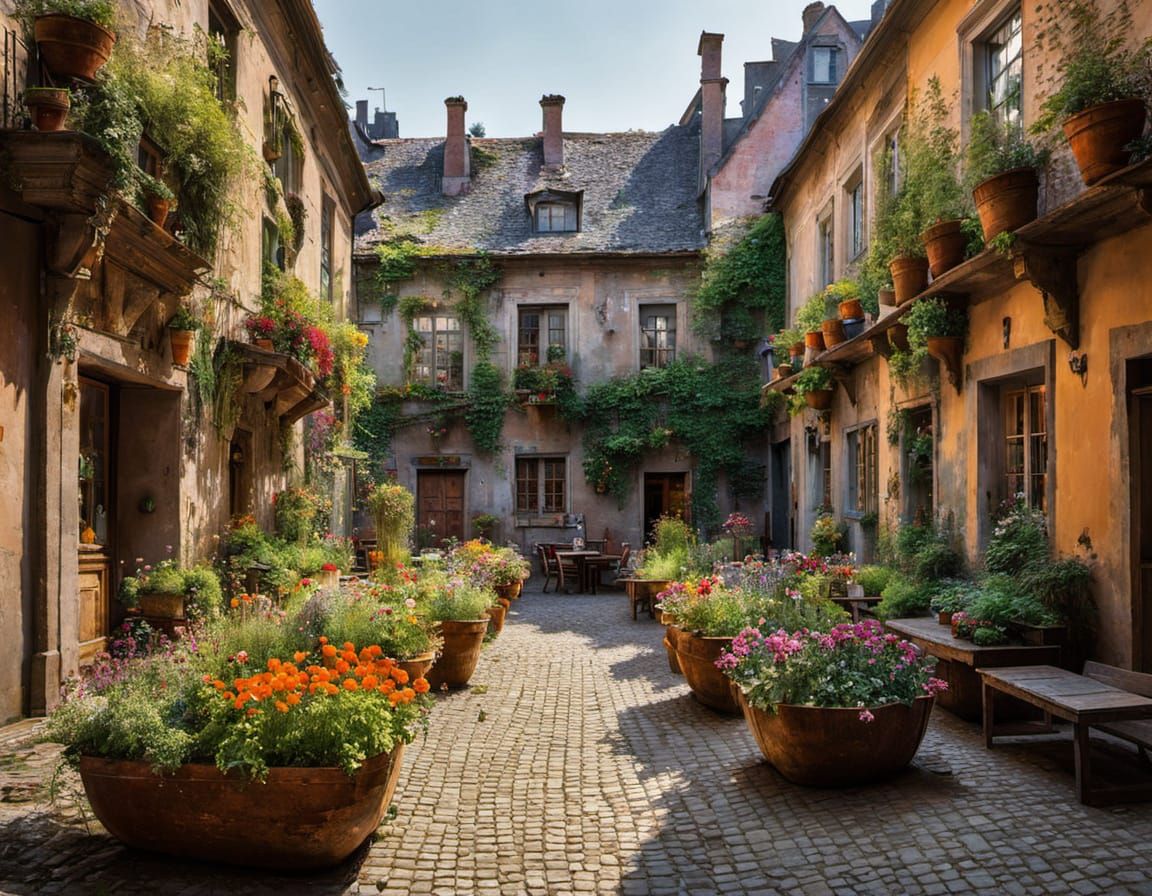German Courtyard Scene with Flower Pots