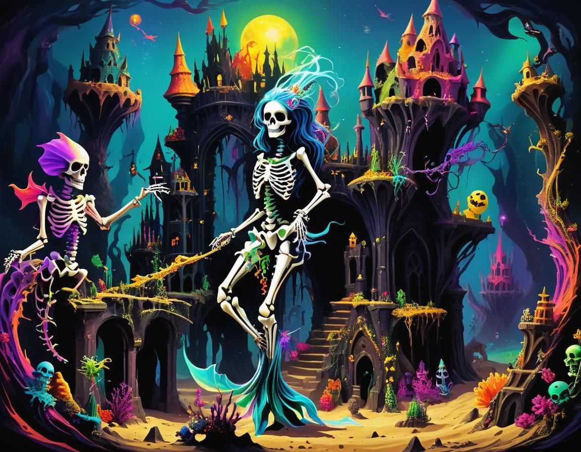 Darkpunk Mermaidcore Sandcastle: Dancing Skeleton and Ghost
