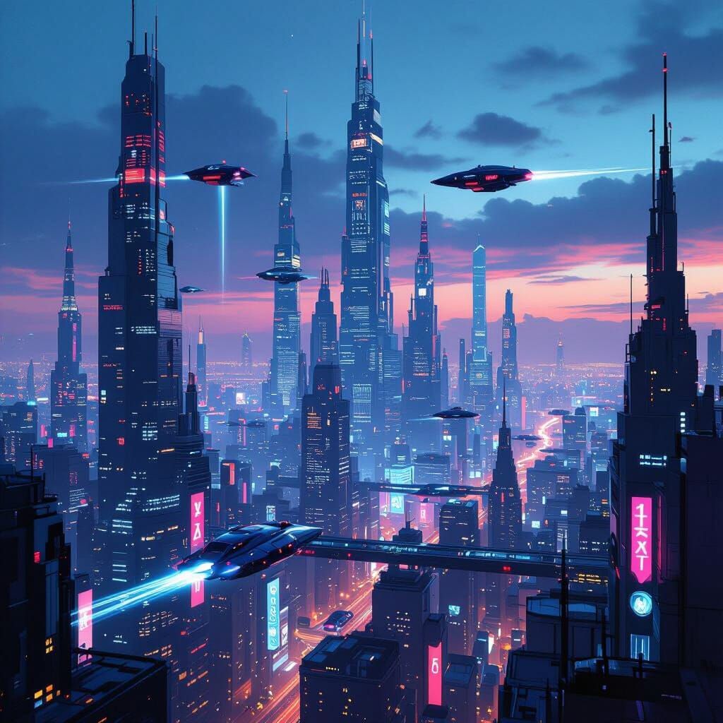 Futuristic Neon Cityscape with Flying Cars