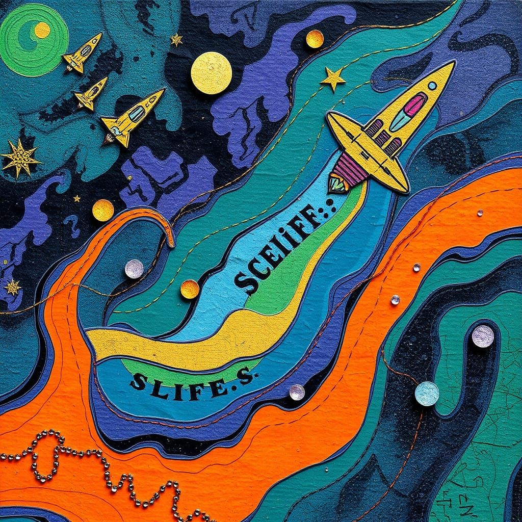 Cosmic Folk Art: Vibrant Blues and Purples in a Surreal Sci-...