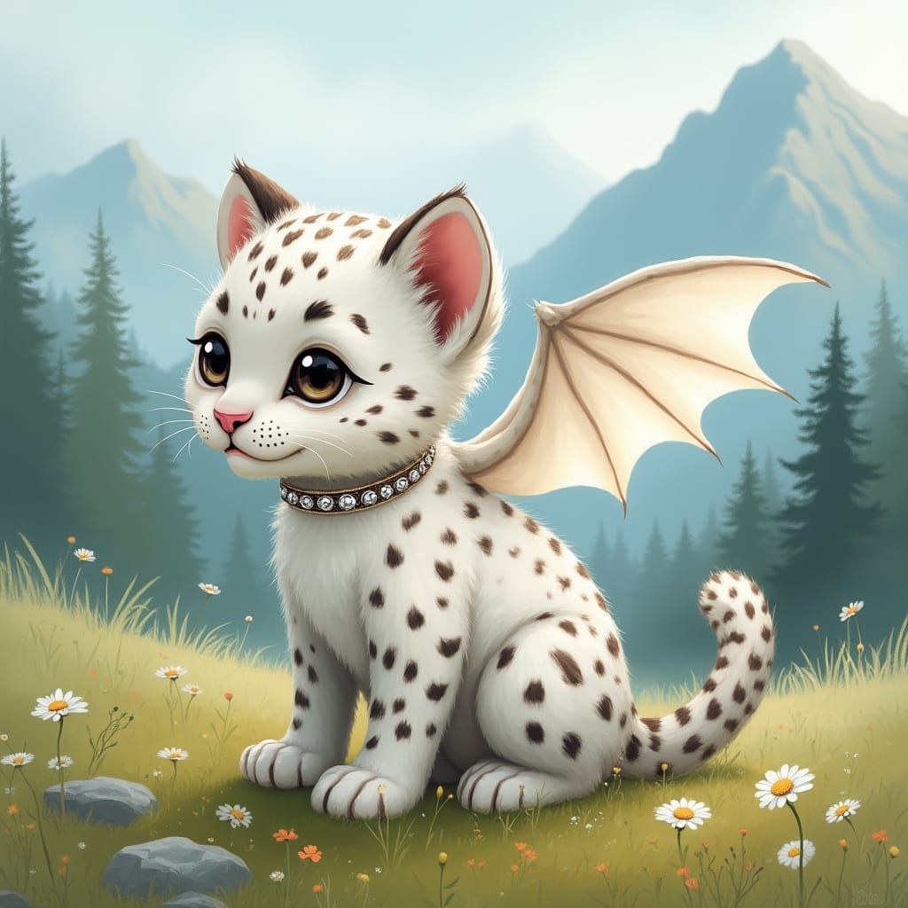 Whimsical Snow Leopard Cub with Dragon Wings