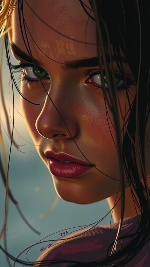 Delicate Female Eyes in Red and White Pencil Sketch