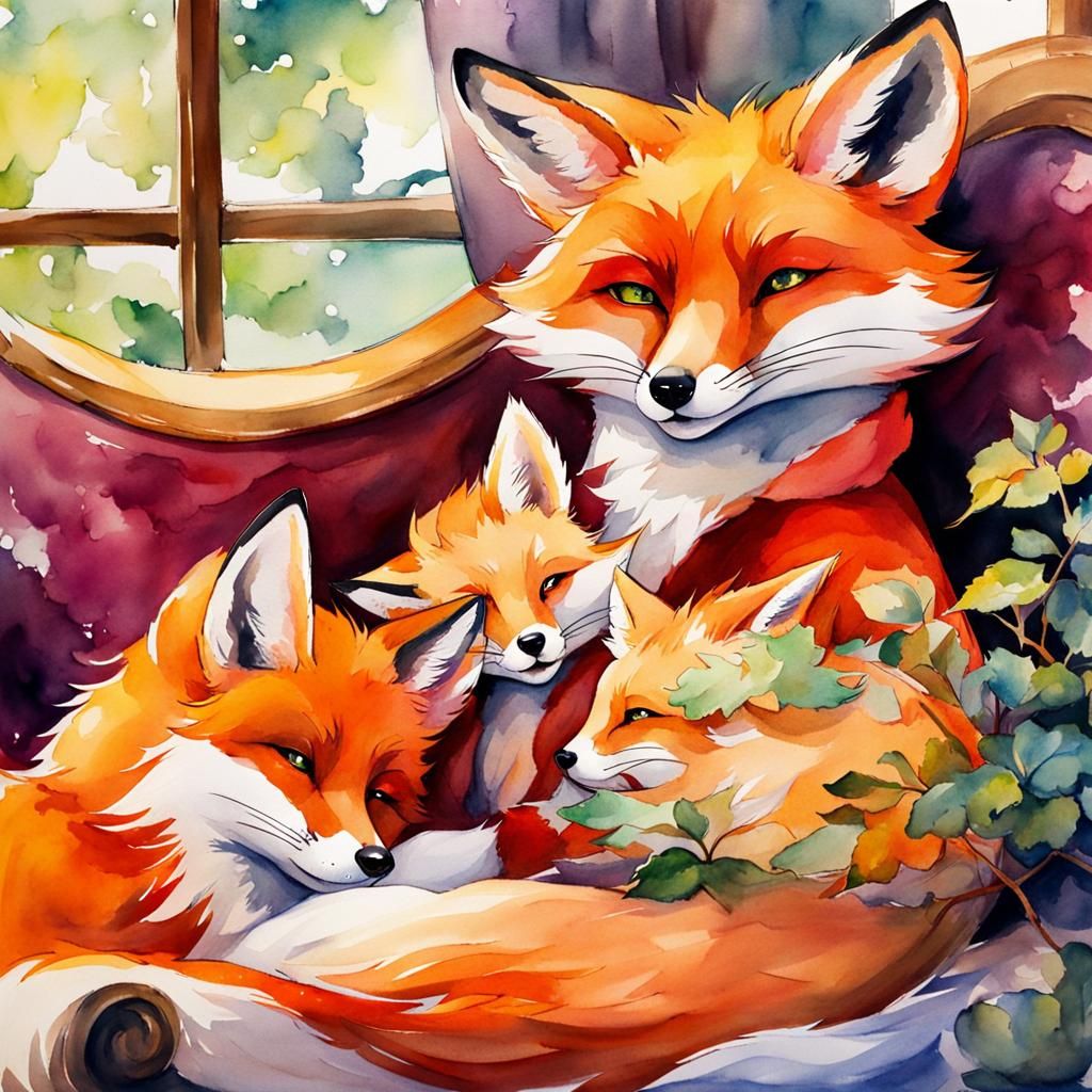 Foxes Relaxing in Cozy Lounge, Watercolor Art