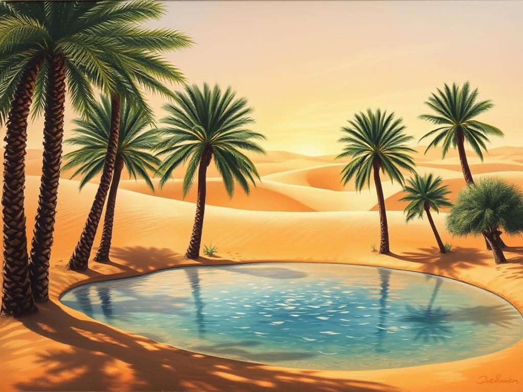 Desert Oasis Oil Painting in Ethereal Style