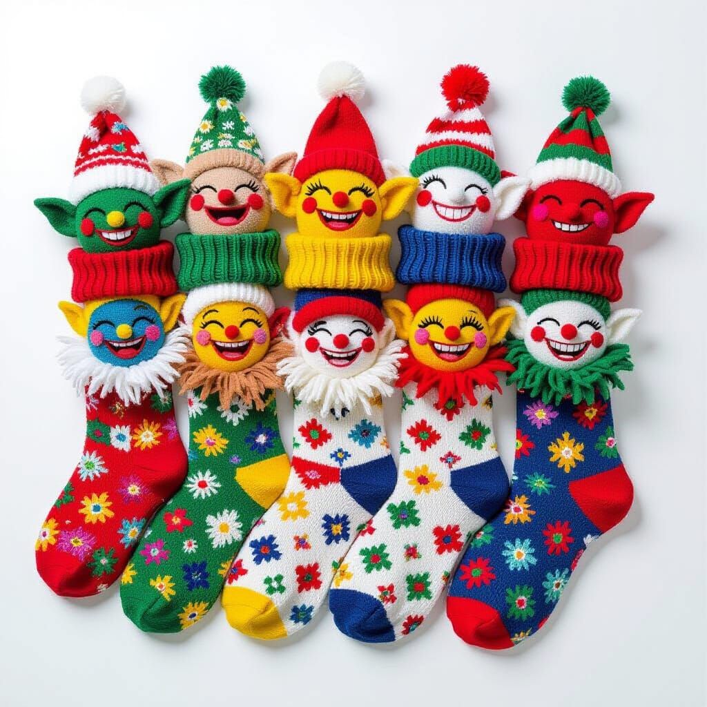Whimsical Christmas Socks Overflowing with Smiling Gremlins