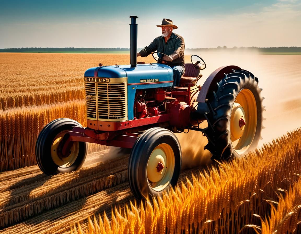 Farmer John Drives Tractor: Hyperrealistic Splash Art