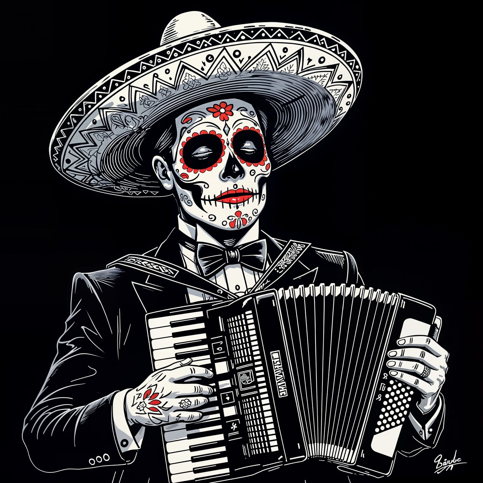 Day of the Dead Musician Playing Accordion in Tuxedo