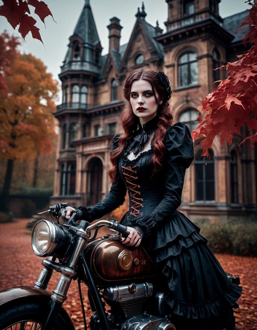 Victorian Gothic Woman on Motorcycle by Haunted Mansion