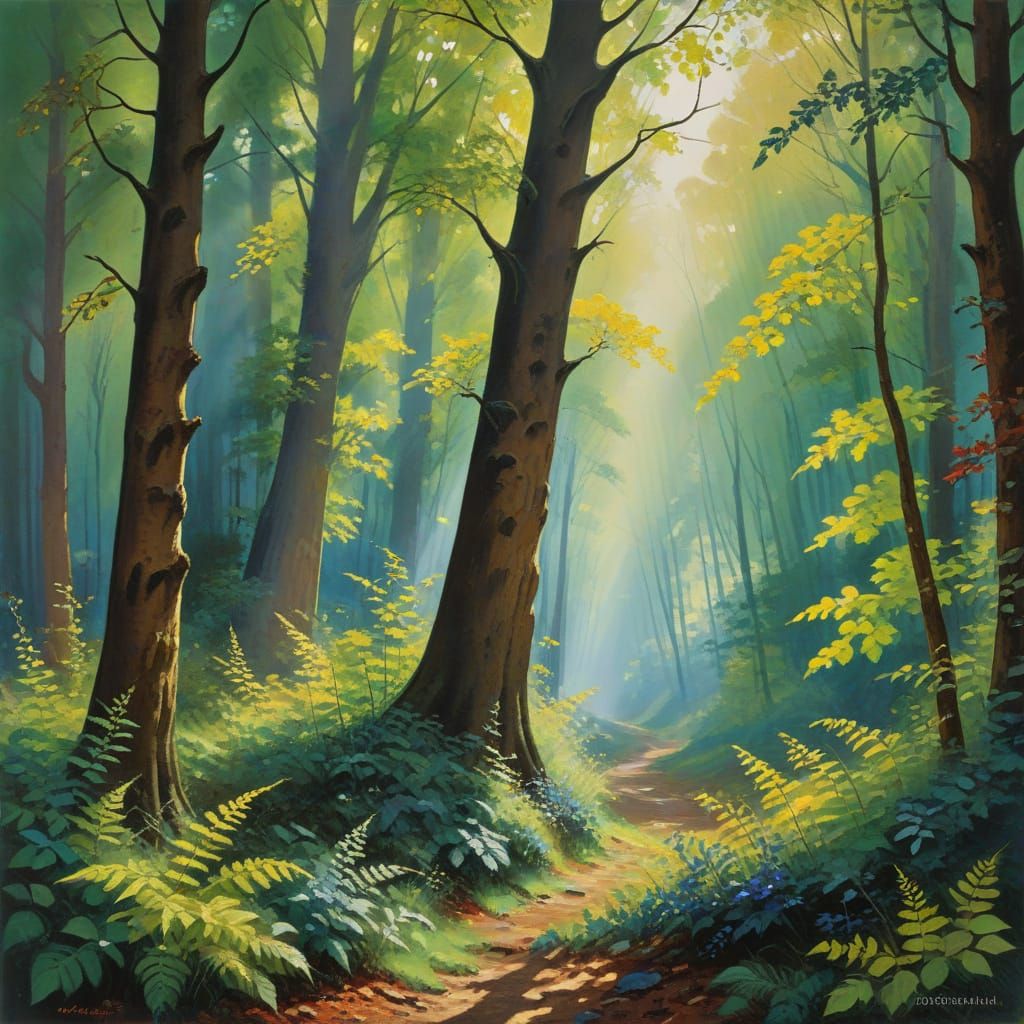 Vibrant Forest Scene in Whimsical Artistic Style