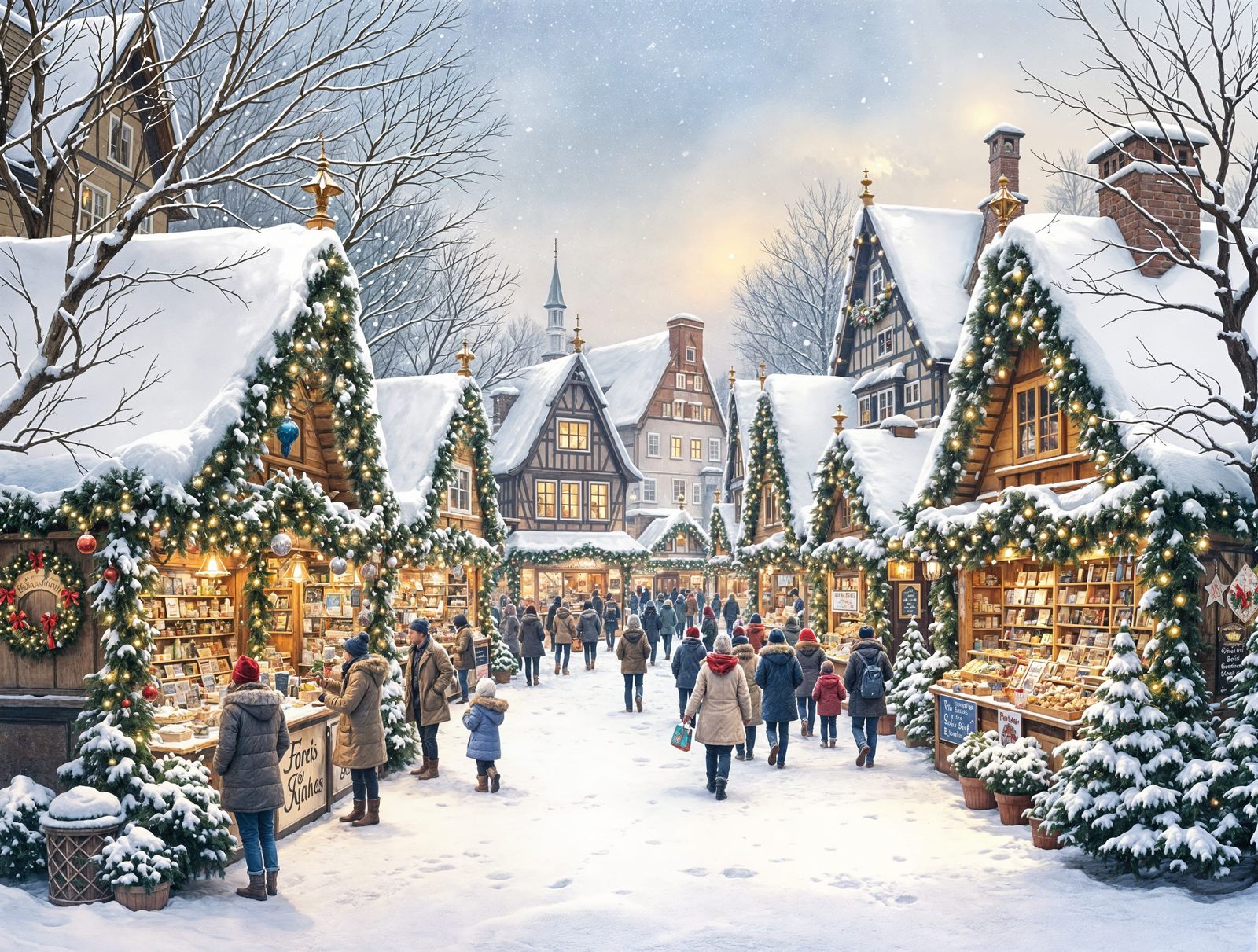 Christmas Market in Watercolor Thomas Kinkade Style