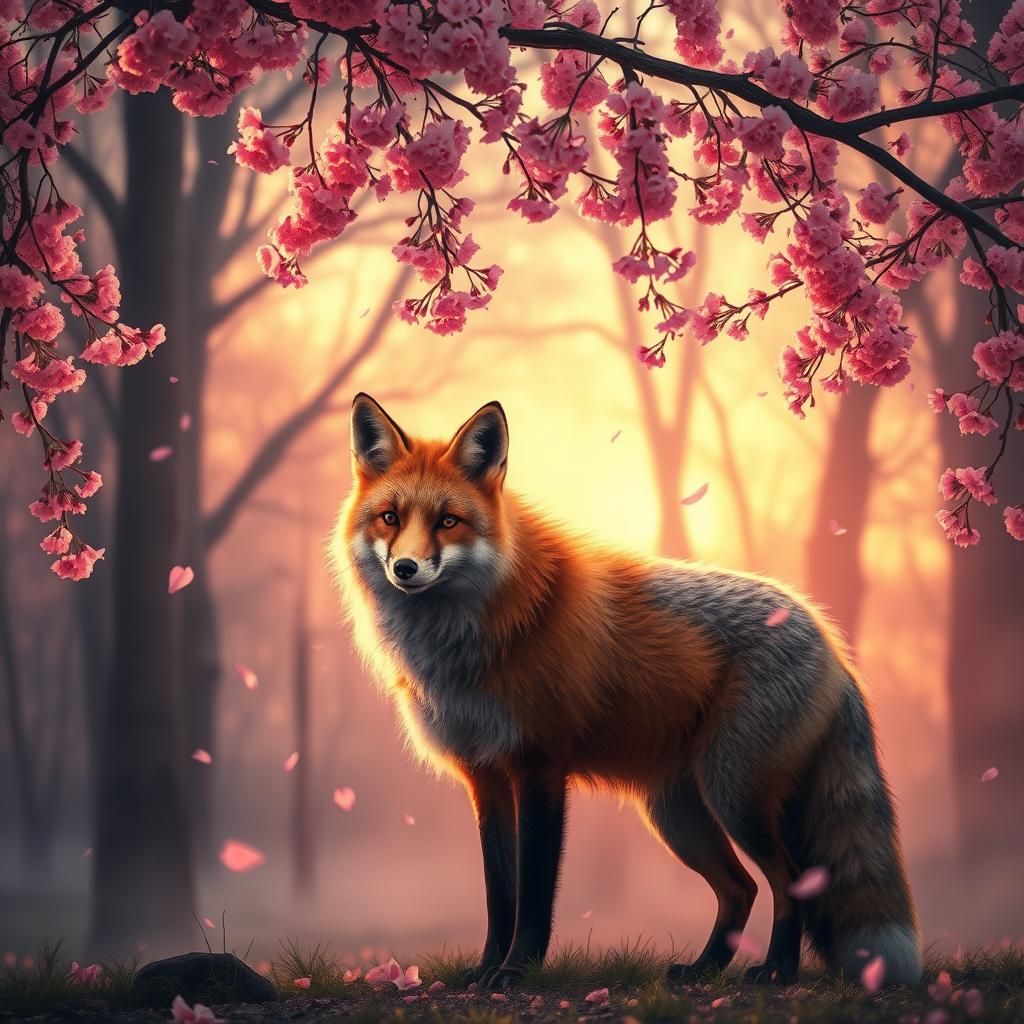 Red Fox Under Cherry Blossoms, Cinematic Digital Art