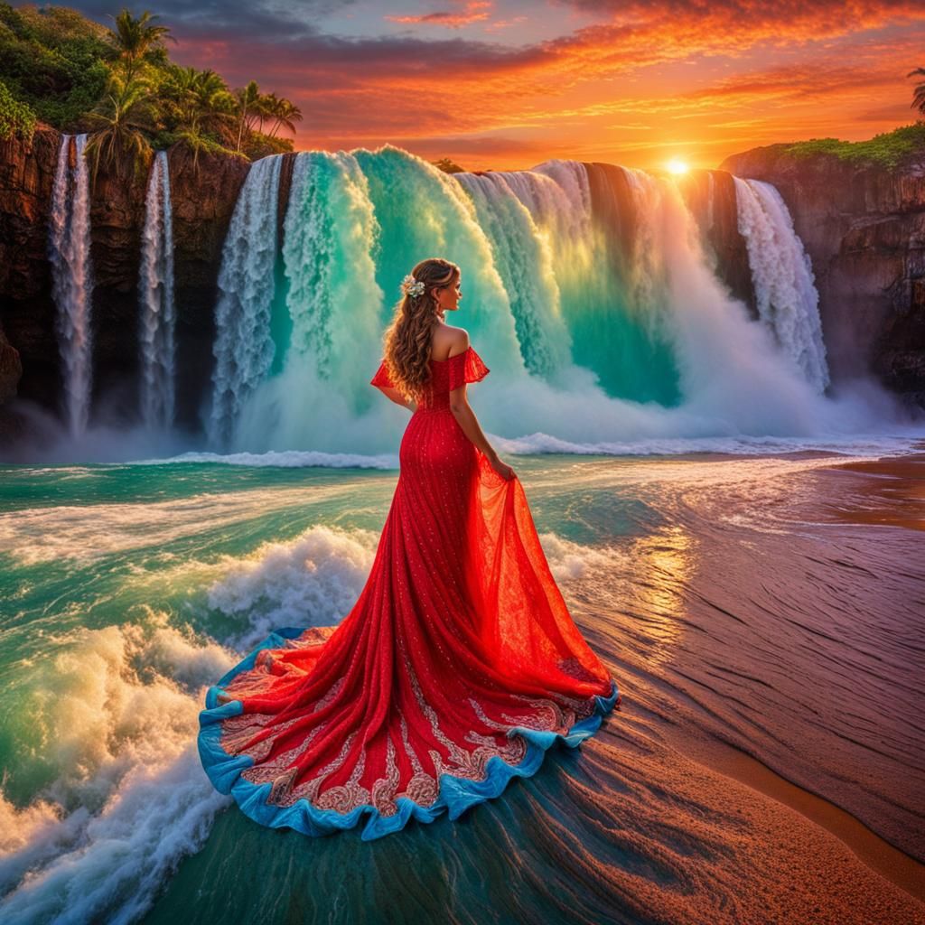 Woman in Red Dress at Sunset Waterfall