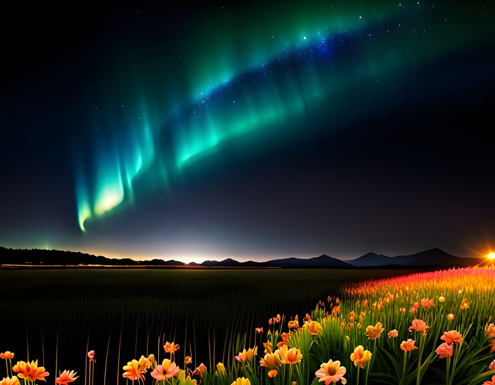 Aurora Borealis Over MultiColored Wildflower Field
