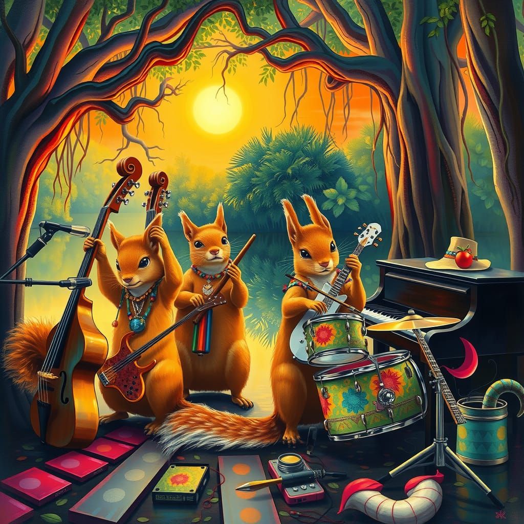 Squirrel Musicians in Bayou: Impressionistic Gouache Paintin...