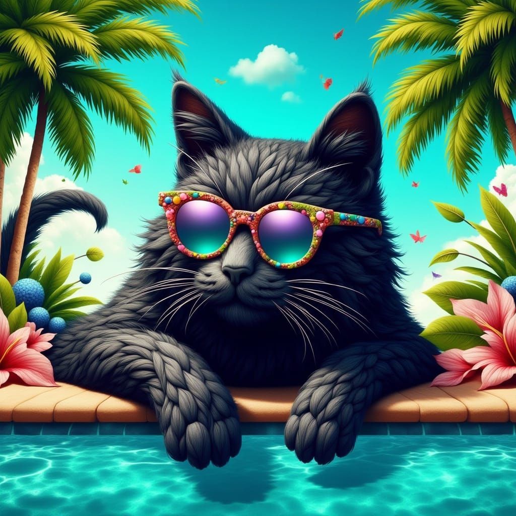A cat wearing sunglasses by the pool