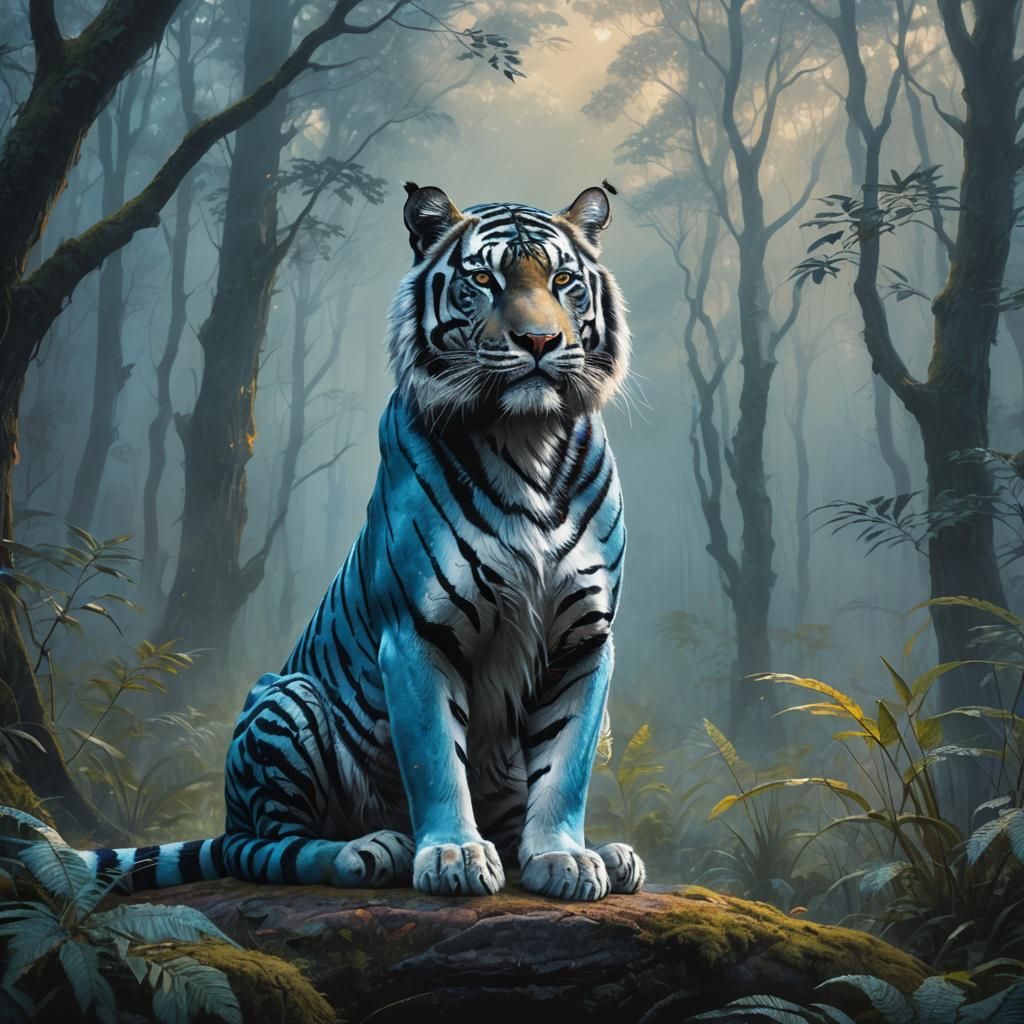 Blue Tiger in Misty Forest: Vibrant Oil Painting