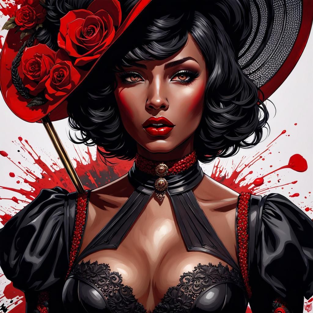 portrait of beautiful black french lady 1914s ,, pretty features,,black and red, gothic, dark short hair, red lips, domi...