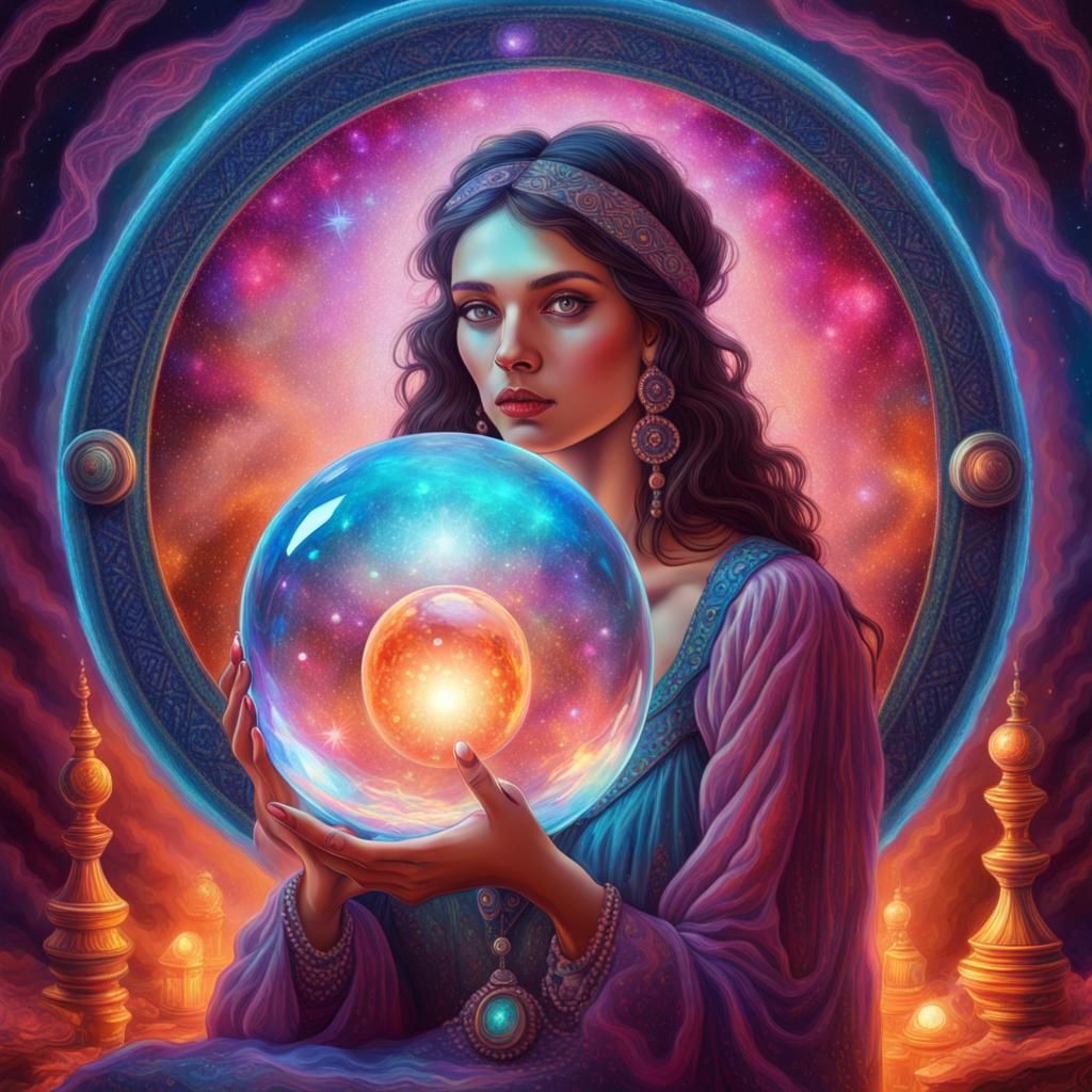 Gypsy Woman Gazing into Crystal Ball, Holographic Illustrati...