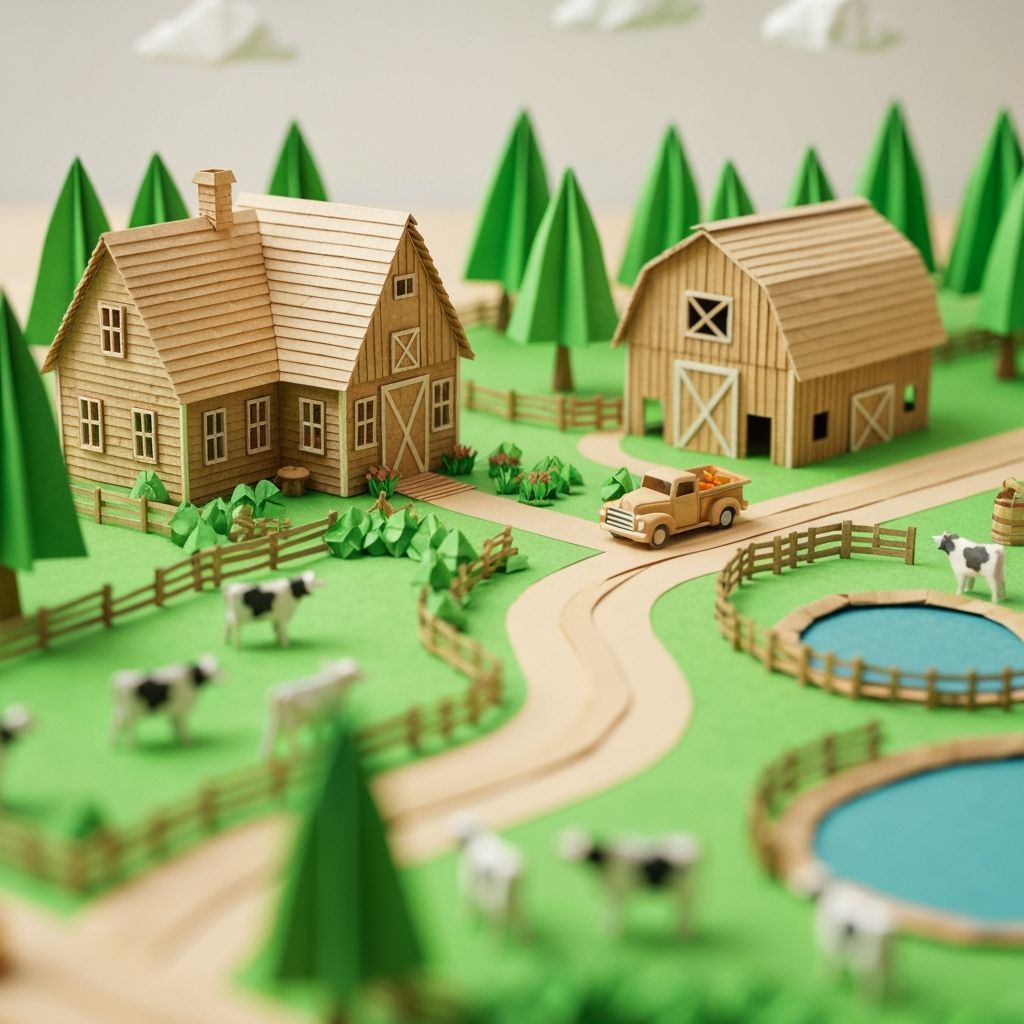 Vibrant Origami Farm Scene in Papercraft Style