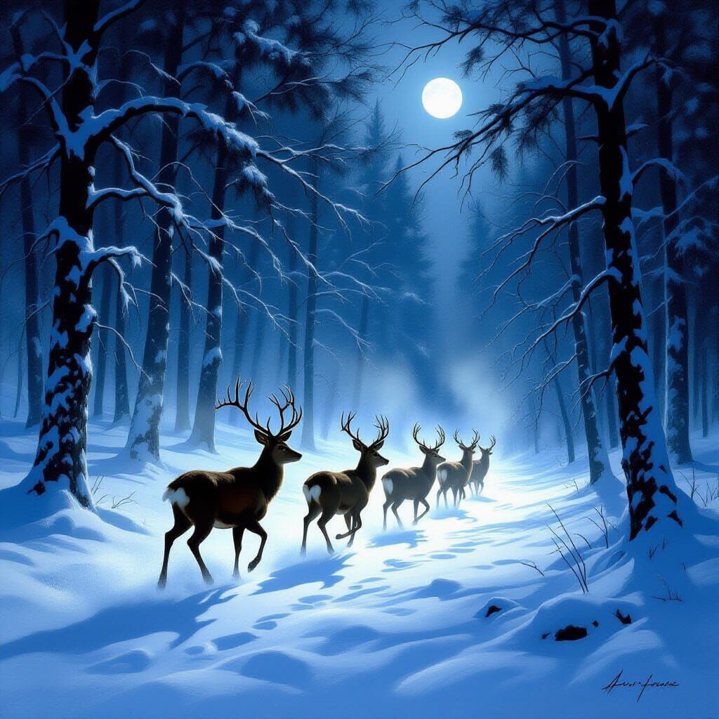 Deer Family Runs Through Moonlit Snowy Forest