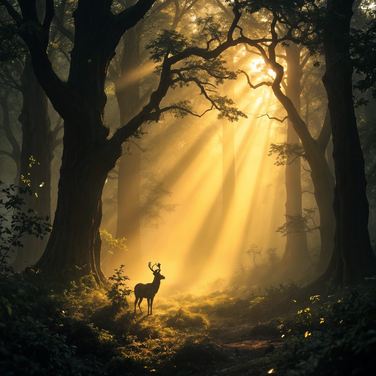 "A breathtaking **ultra-realistic forest scene** at sunrise,...