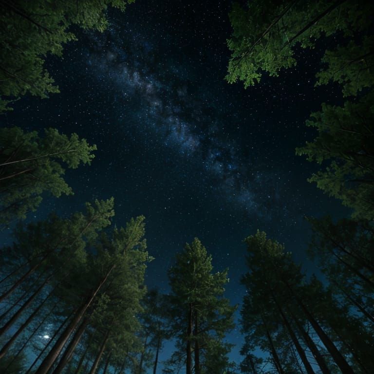 Starry Night Sky Through Dark Forest Canopy