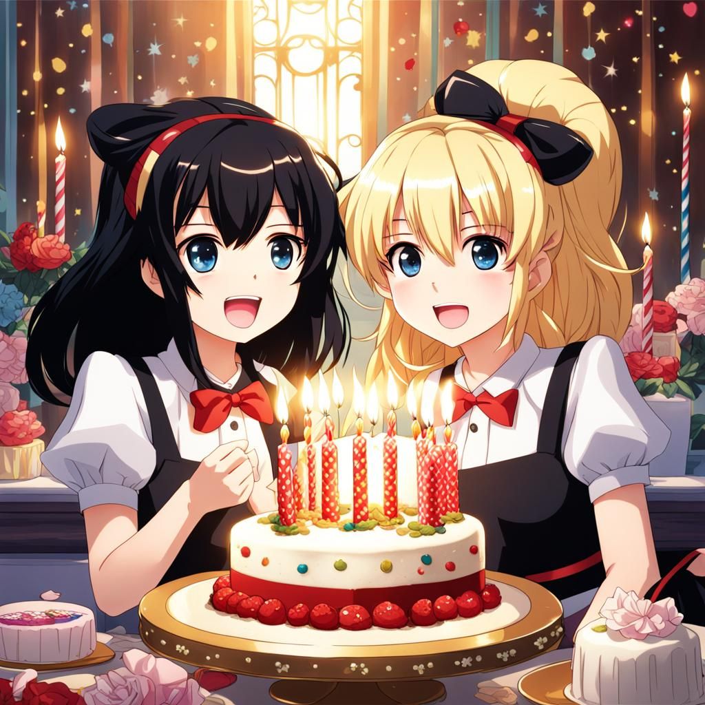 Anime Girls Celebrate Birthday with Cake