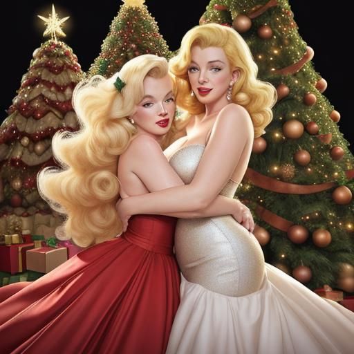 Glamorous Blond and Redhead Embrace Near Christmas Tree