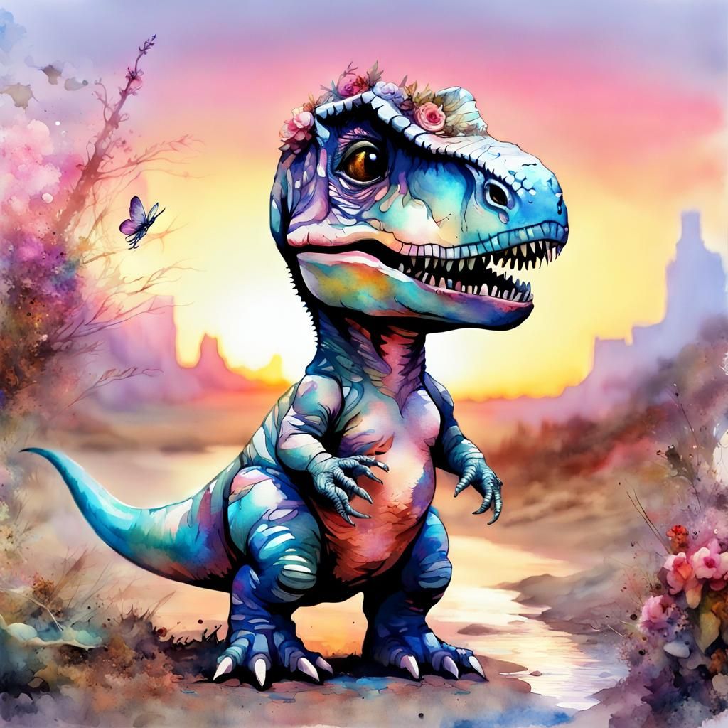 Cute Chibi T-Rex in Watercolor Fantasy Landscape