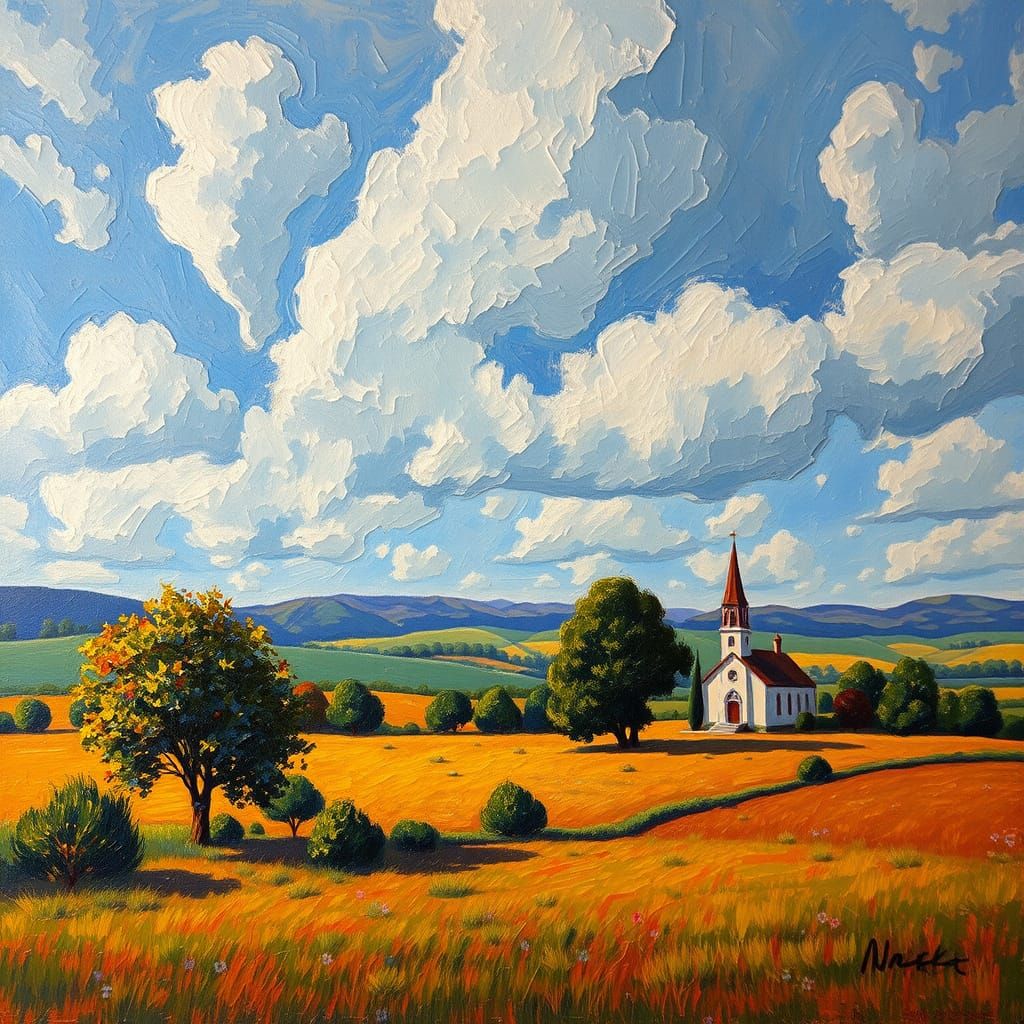 Impressionist Plain with Church and Dramatic Clouds