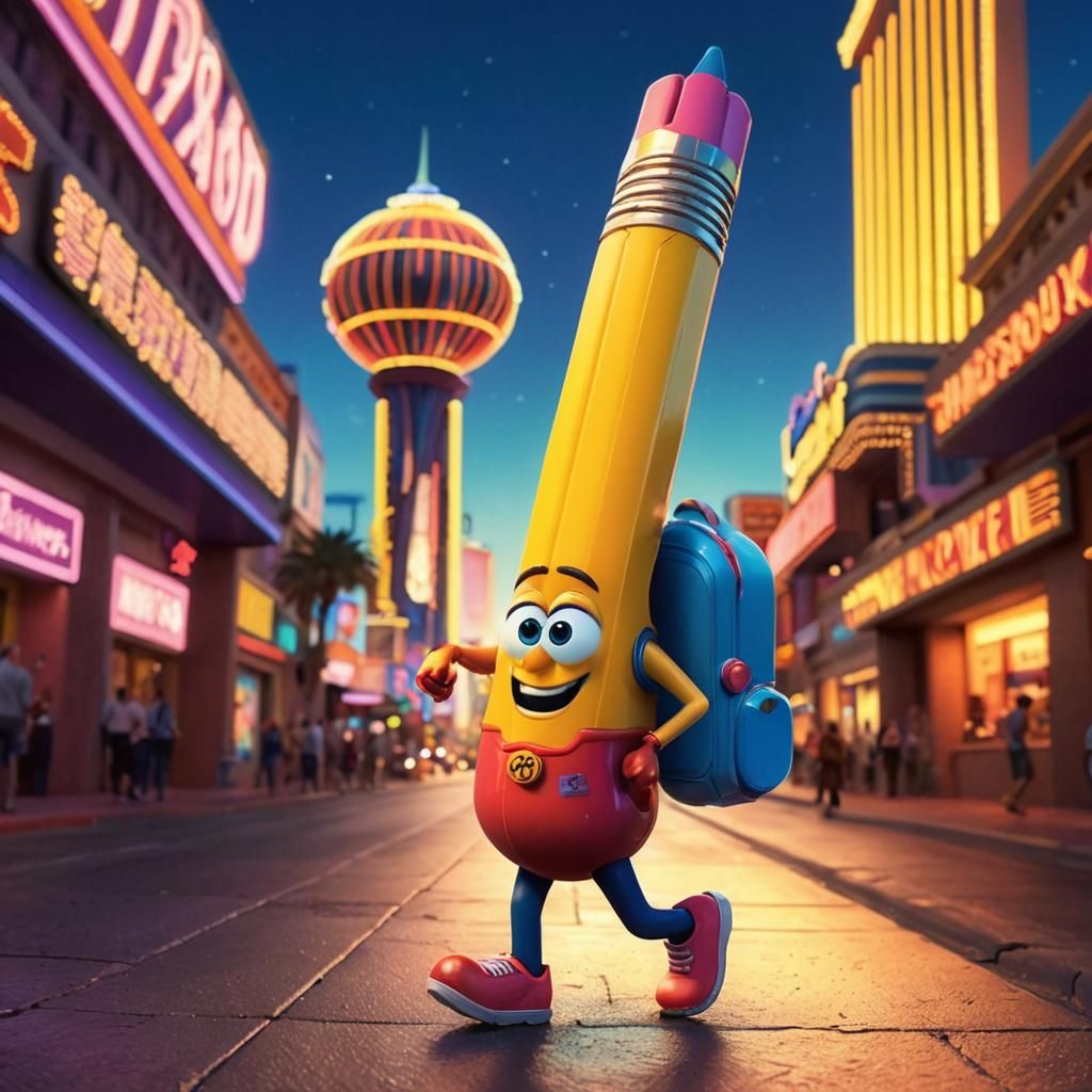 Animated Pencil Walks Las Vegas Strip at Sunset