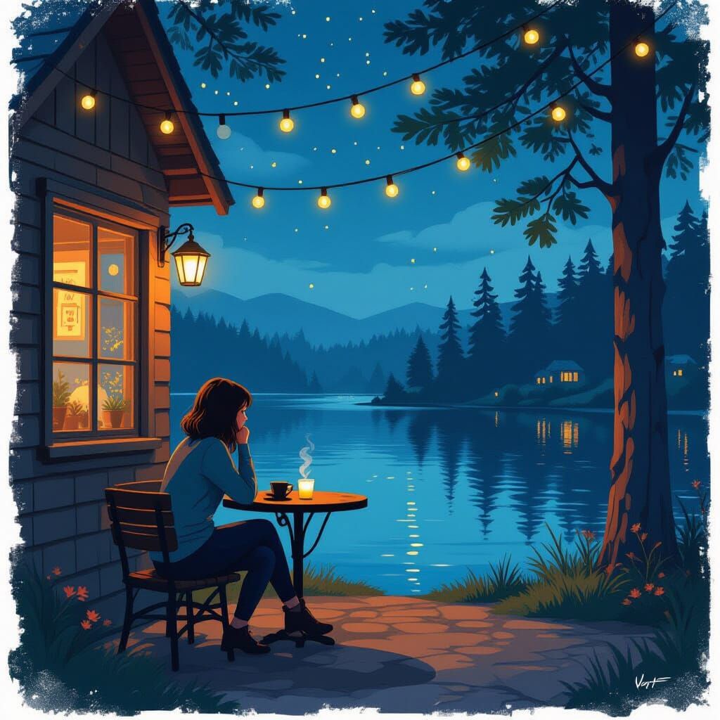 Night Cafe by Lake in Digital Painting Style