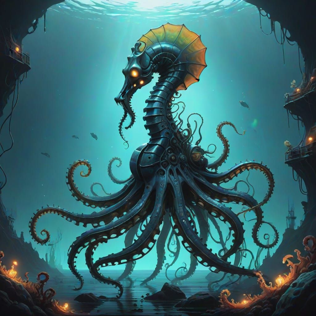 Cosmic Seahorse-Octopus with Glowing Deep-Sea Skeleton