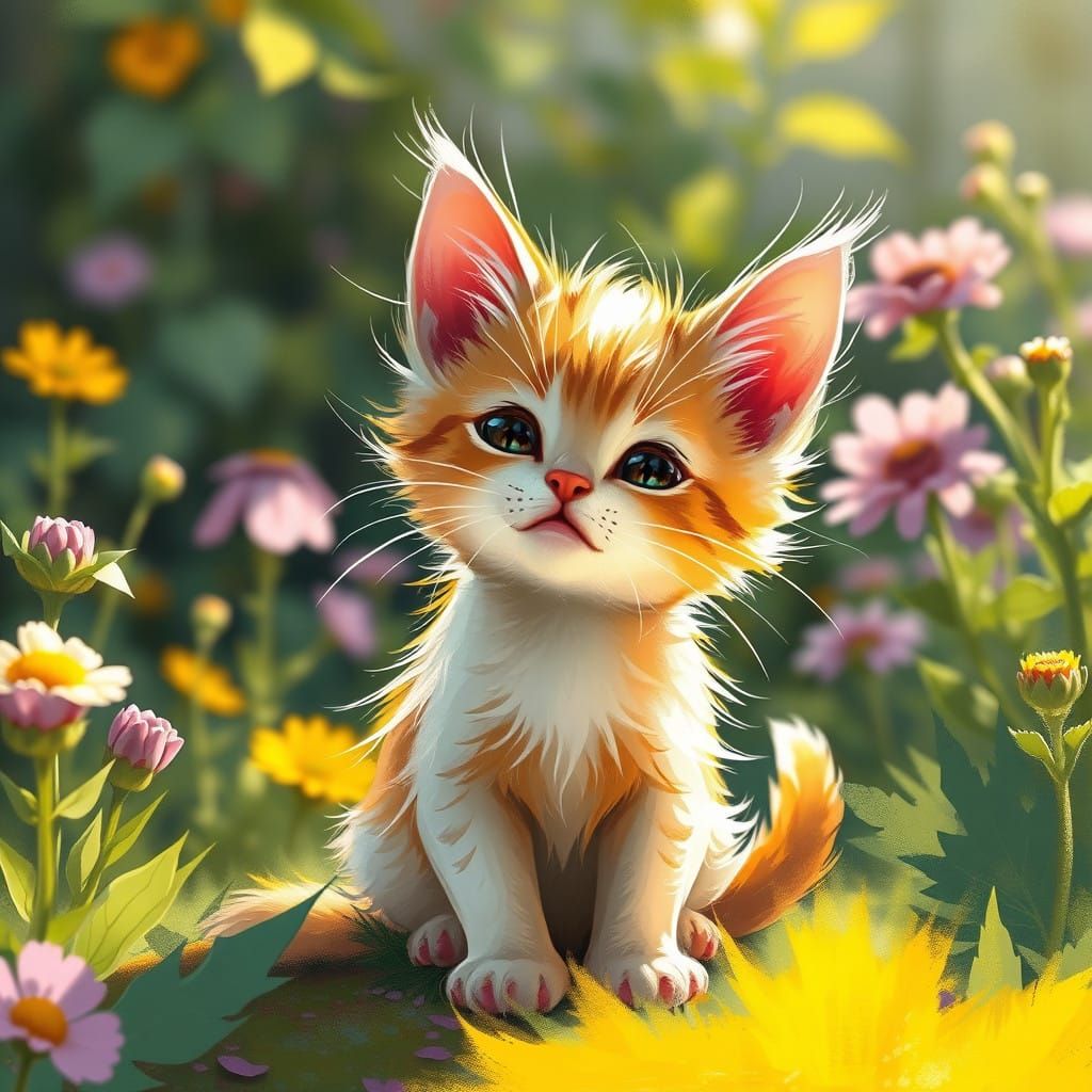 Whimsical Kitten in Enchanted Sunlit Garden