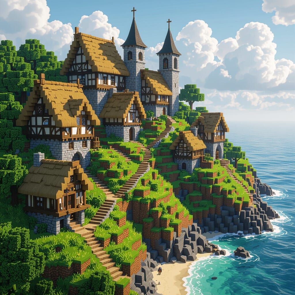 Minecraft Medieval Village on Cliff in Digital Art Style