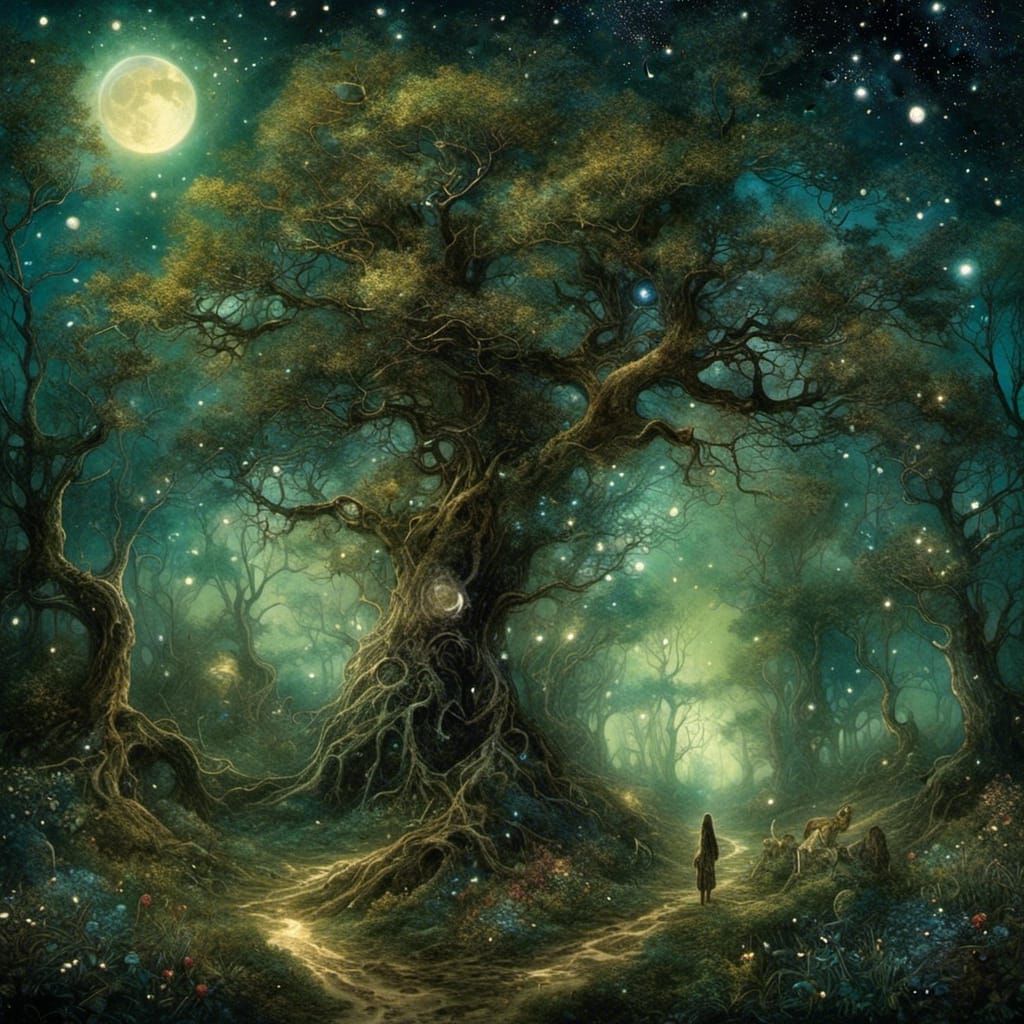 Enchanted Forest Under Starry Cosmos