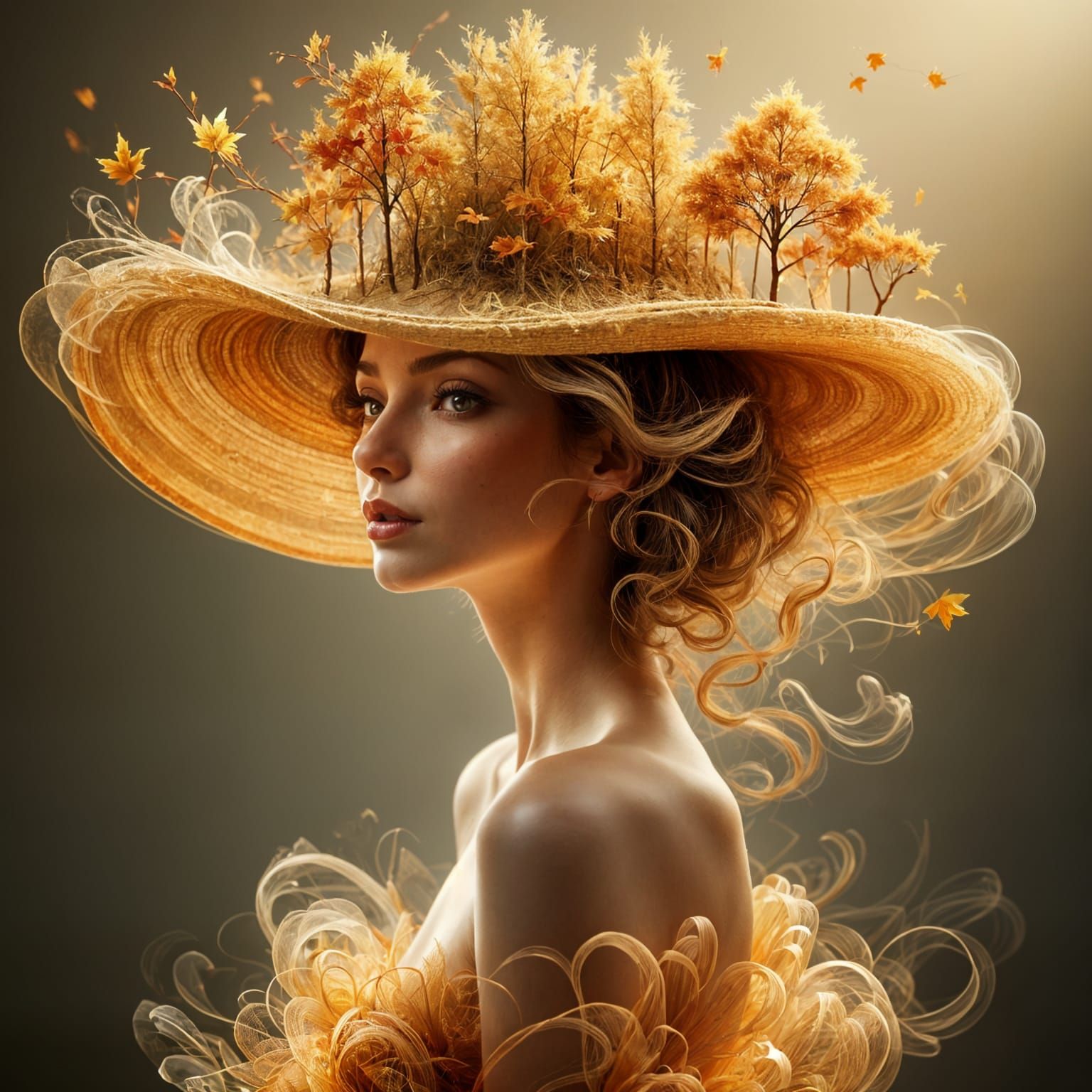 Woman Wearing Hat with Miniature Autumn Forest