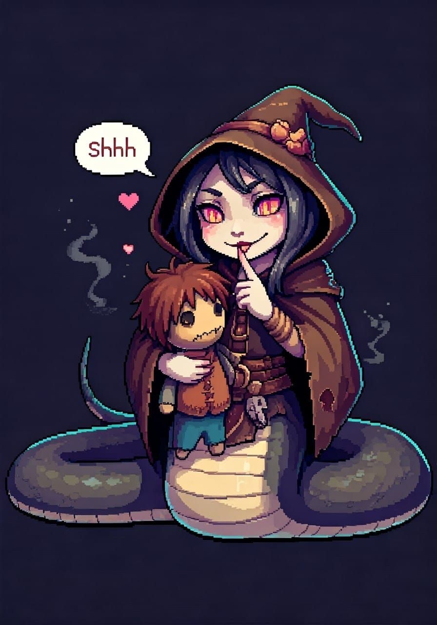 Cute Snake Girl Sprite Hugging Doll in Pixel Art